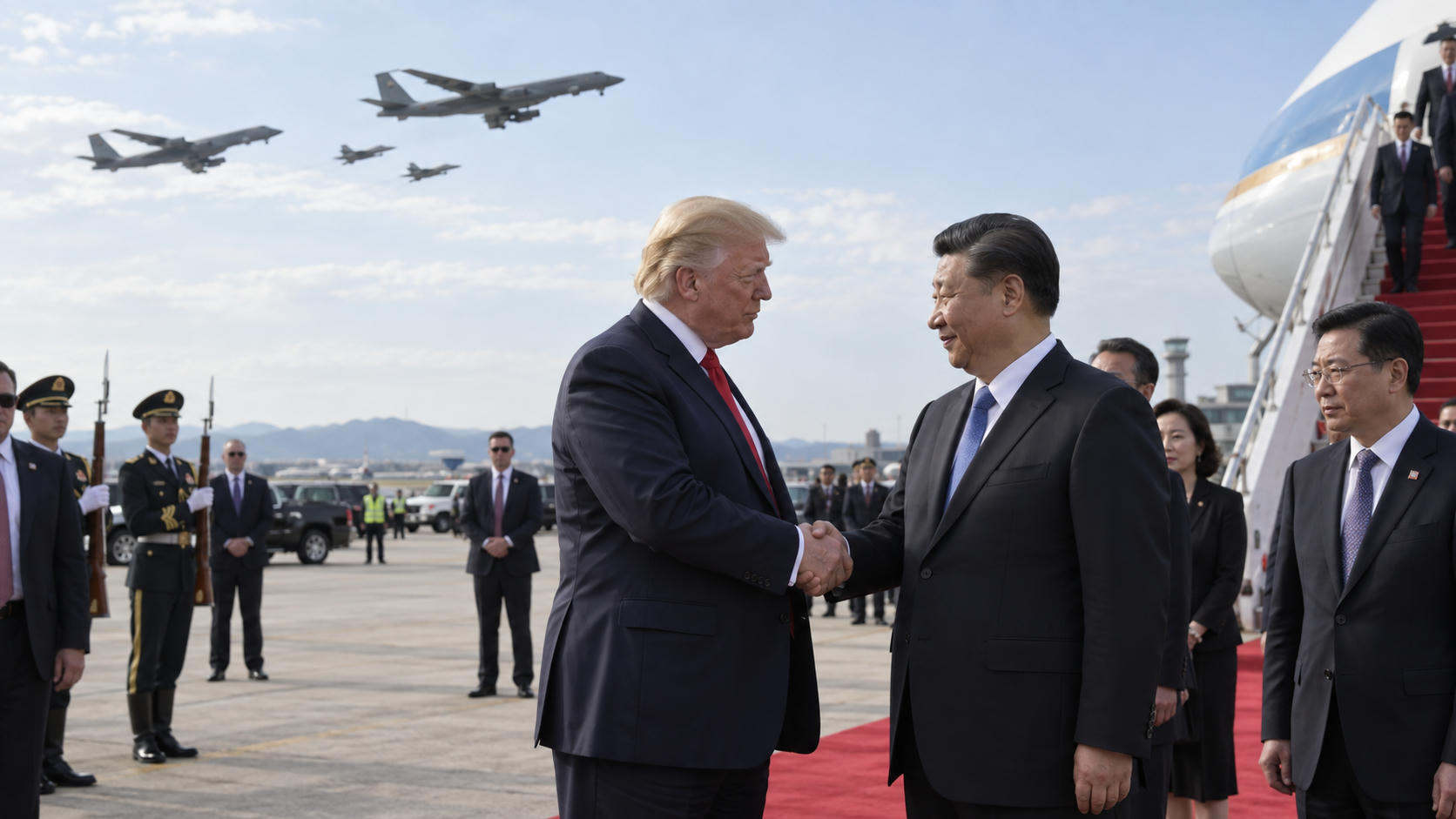 Trump Sambut Xi Jinping di Bandara Diiringi Flypast