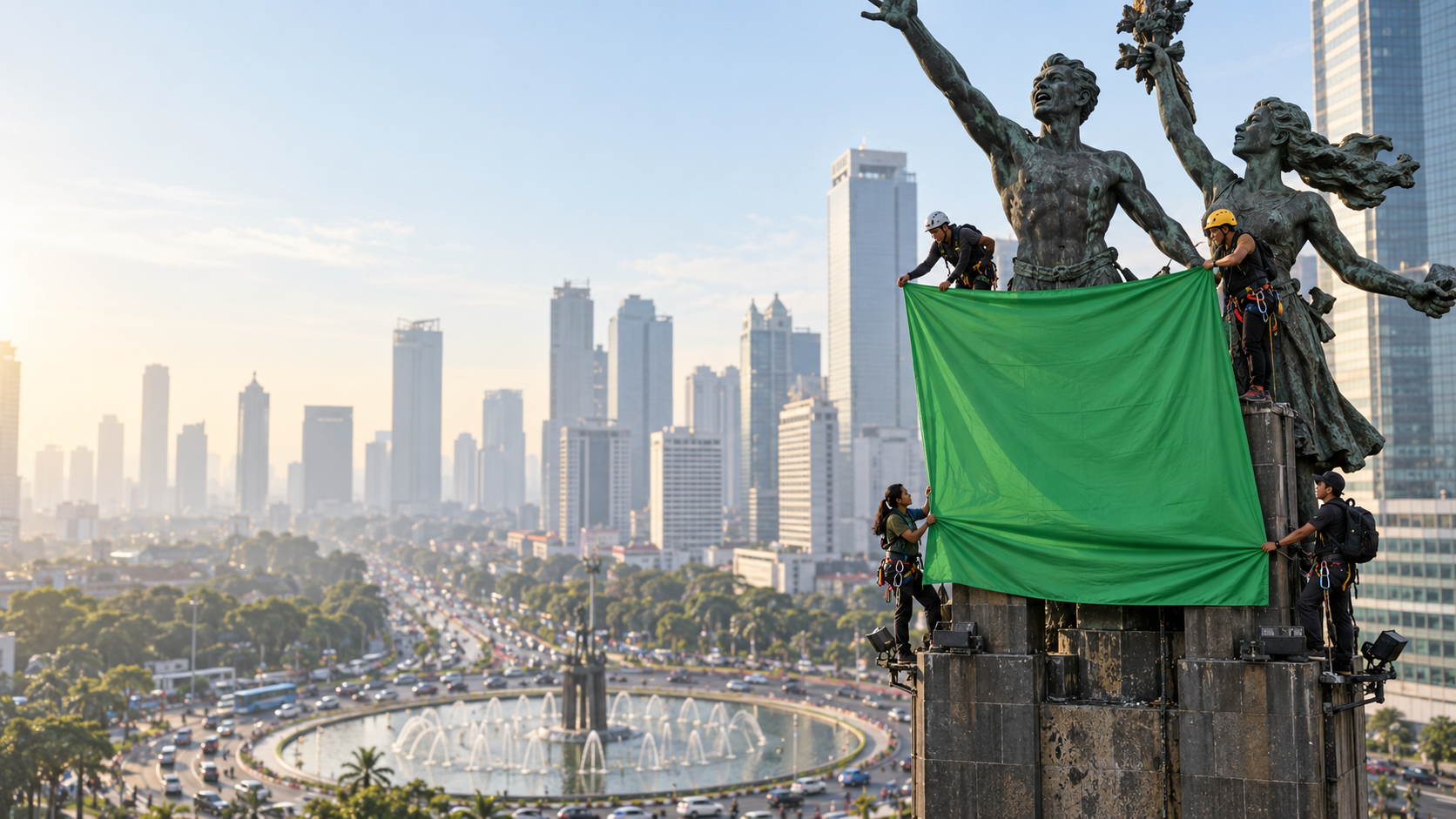 Greenpeace Bentangkan Spanduk di Patung Bundaran HI